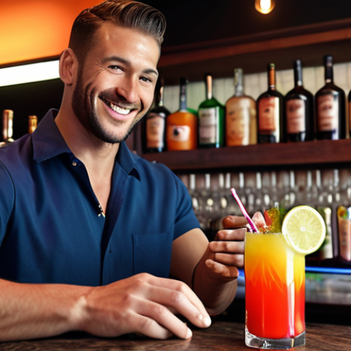 Home 11 Happy bartender mixing a colorful cocktail, smiling at the customer. (Focus: friendly, engaging)