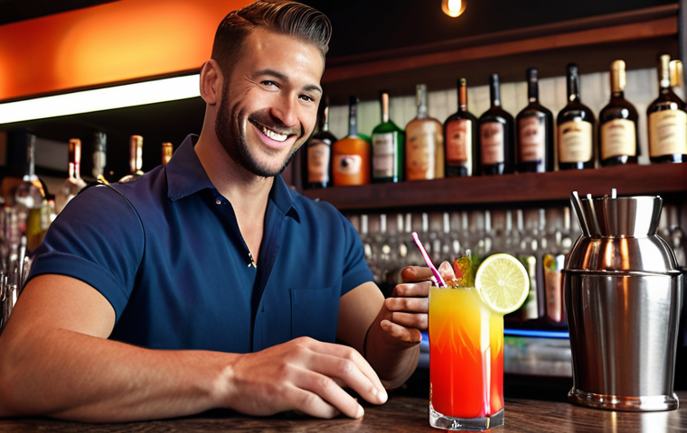 Happy bartender mixing a colorful cocktail, smiling at the customer. (Focus: friendly, engaging)