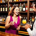 **

A vibrant bar scene, bustling with diverse customers laughing and chatting with a smiling bartender. Focus on the bartender's friendly interaction and the colorful array of cocktails being mixed. The composition should convey the positive social aspects and creative freedom of mixology. Capture the energy of a lively night, highlighting both the bartender and the engaged customers.

**