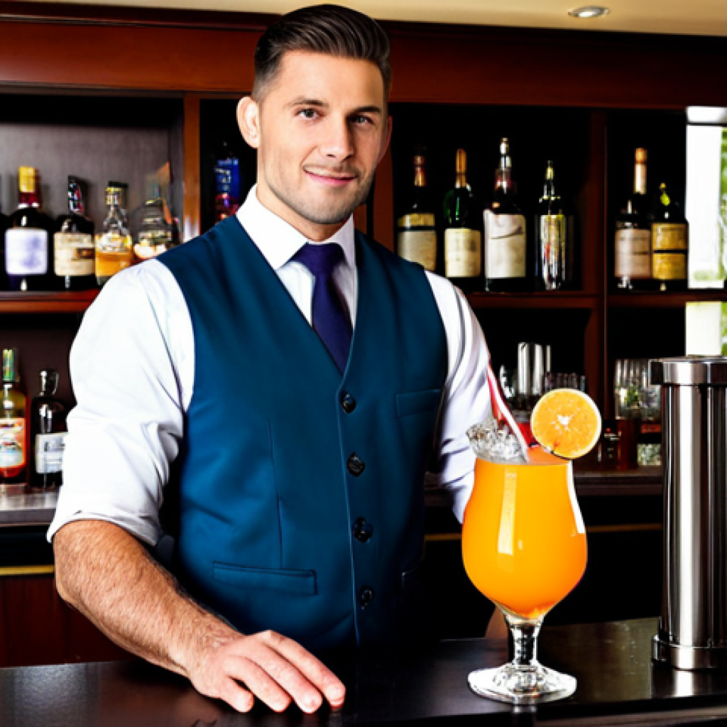 **

"A professional bartender, fully clothed in a stylish uniform, standing behind a well-stocked bar, preparing a colorful cocktail. Safe for work, appropriate content, perfect anatomy, natural proportions, professional photography, modest attire, family-friendly."

**