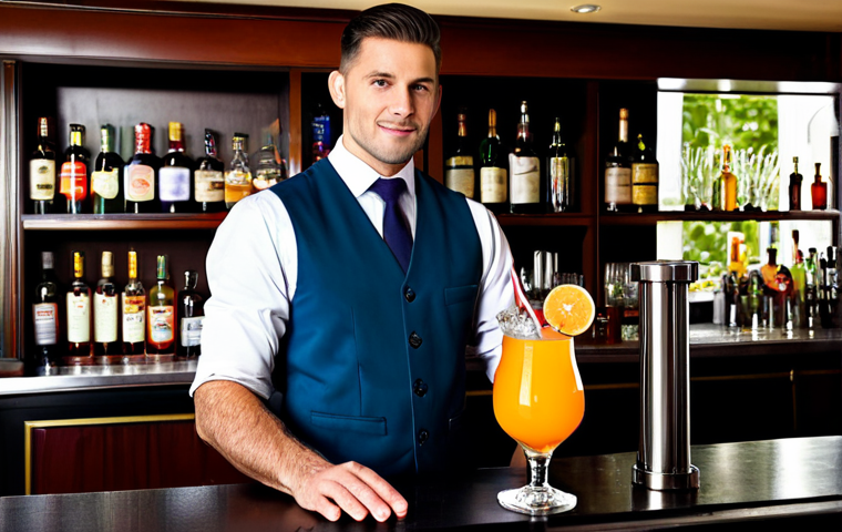 **

"A professional bartender, fully clothed in a stylish uniform, standing behind a well-stocked bar, preparing a colorful cocktail. Safe for work, appropriate content, perfect anatomy, natural proportions, professional photography, modest attire, family-friendly."

**