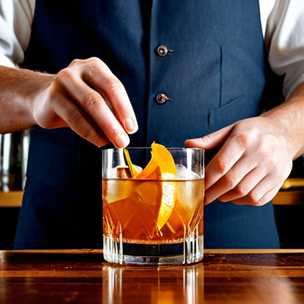 Classic Cocktails with a Twist**
"A professional bartender carefully crafting an Old Fashioned cocktail with smoked whiskey and an orange peel garnish, safe for work, appropriate content, fully clothed, professional bar setting, well-lit, perfect anatomy, natural proportions, family-friendly atmosphere, high quality photography."
**