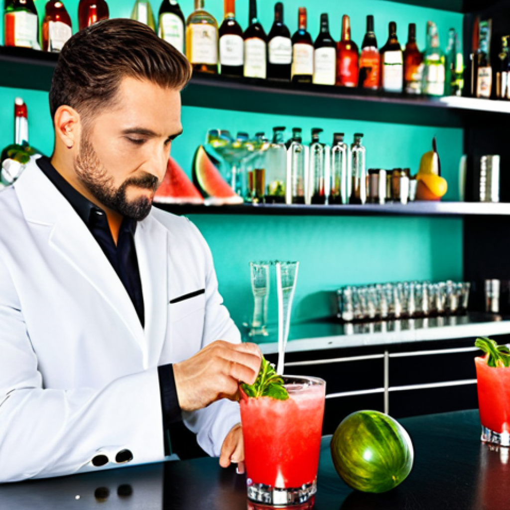 바텐더로서의 주류 트렌드 파악법 - Seasonal Cocktail Creation**
"A professional bartender, fully clothed in appropriate bar attire, pr...