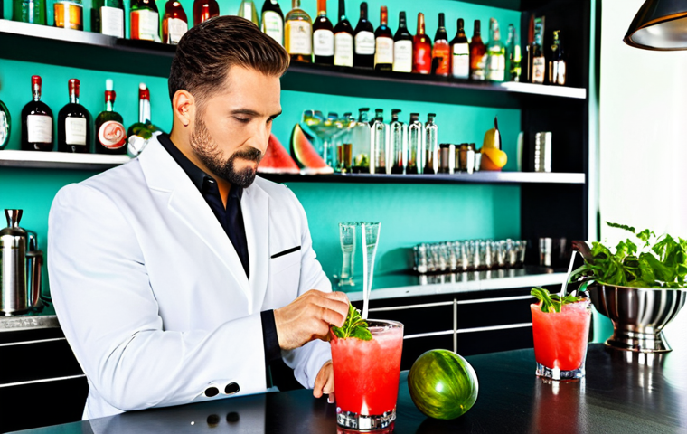 바텐더로서의 주류 트렌드 파악법 - Seasonal Cocktail Creation**
"A professional bartender, fully clothed in appropriate bar attire, pr...