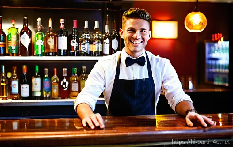 바텐더 경력 개발 로드맵 - **Prompt 1: The Passionate Bartender's Craft**
"A vibrant, dynamic shot of a skilled young male ...