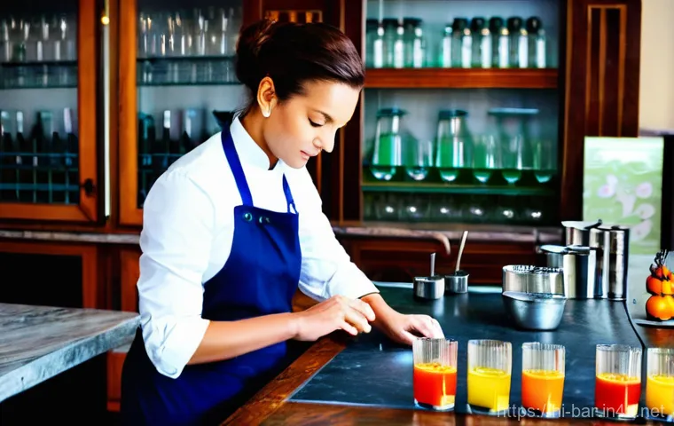 바텐더 경력 개발 로드맵 - **Prompt 1: The Passionate Bartender's Craft**
    "A vibrant, dynamic shot of a skilled young male ...