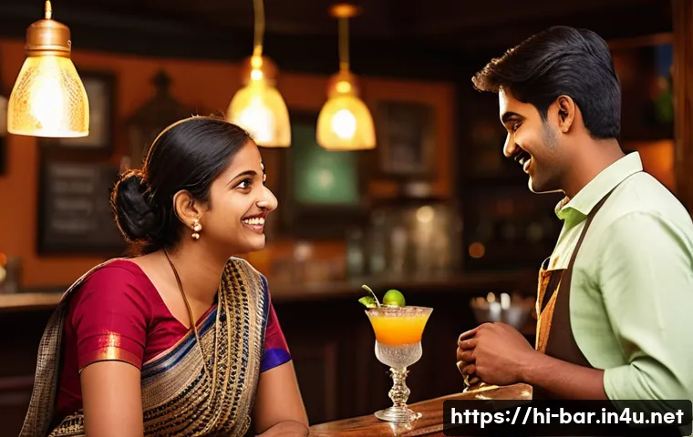 바텐더의 고객 서비스 사례 - A warm and friendly bartender engaging in a personalized conversation with a Hindi-speaking customer...