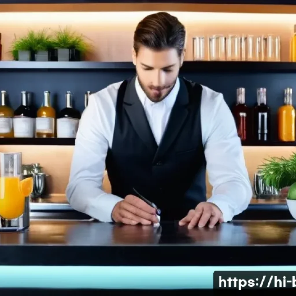 바텐더 칵테일 실습 팁 - A professional bartender in a modern bar setting, carefully selecting and preparing fresh, high-qual...
