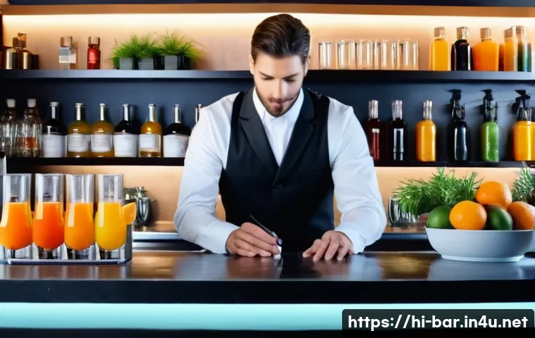 바텐더 칵테일 실습 팁 - A professional bartender in a modern bar setting, carefully selecting and preparing fresh, high-qual...