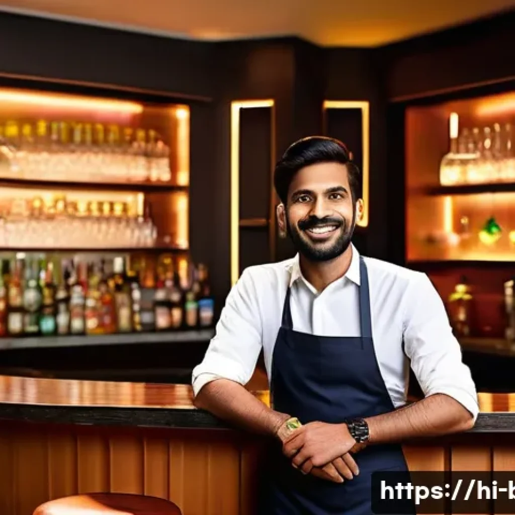 바텐더로 일하며 중요시되는 가치 - A skilled Indian bartender attentively listening to a diverse group of customers seated at a vibrant...