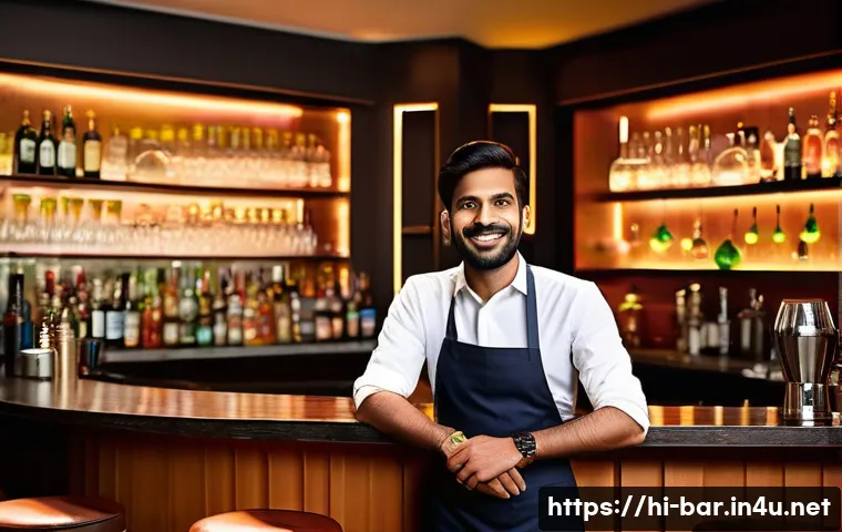 바텐더로 일하며 중요시되는 가치 - A skilled Indian bartender attentively listening to a diverse group of customers seated at a vibrant...