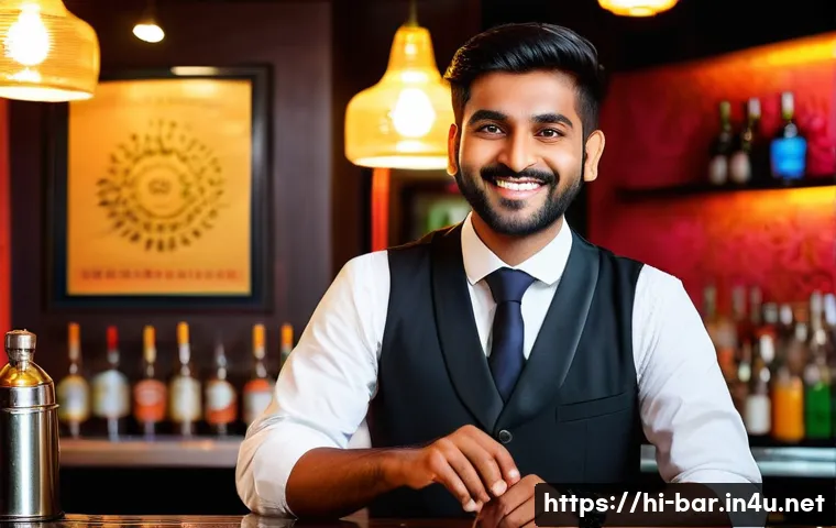 바텐더 직업의 매력 - A vibrant Indian bar scene featuring a skilled bartender of South Asian descent, wearing a crisp whi...