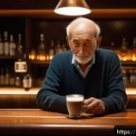 바텐더 업무 사례 공유 - A cozy bar scene capturing a thoughtful elderly man sitting alone at the counter, wearing casual but...