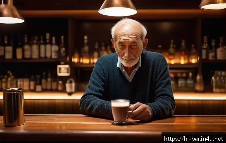 바텐더 업무 사례 공유 - A cozy bar scene capturing a thoughtful elderly man sitting alone at the counter, wearing casual but...