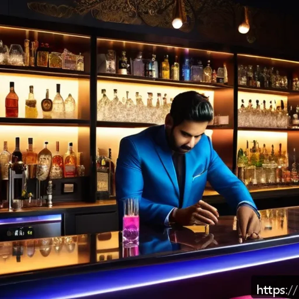 바텐더의 새로운 기술 습득 사례 - A sleek modern bar setting featuring a digital automated bartender machine with a vibrant touchscree...