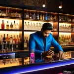 바텐더의 새로운 기술 습득 사례 - A sleek modern bar setting featuring a digital automated bartender machine with a vibrant touchscree...