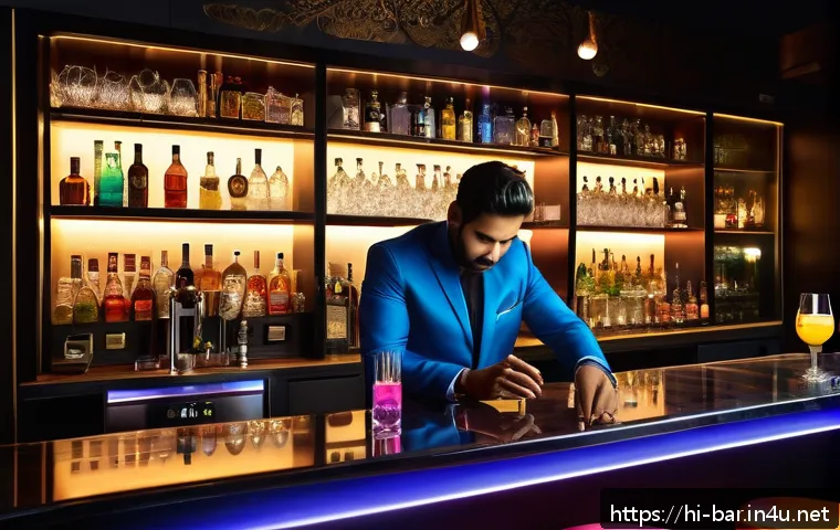 바텐더의 새로운 기술 습득 사례 - A sleek modern bar setting featuring a digital automated bartender machine with a vibrant touchscree...