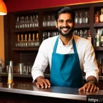 바텐더로서의 경력 설계 - A skilled Indian bartender in a vibrant urban bar setting, expertly serving diverse customers with a...