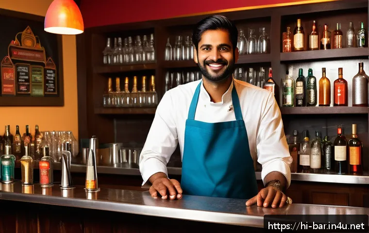 바텐더로서의 경력 설계 - A skilled Indian bartender in a vibrant urban bar setting, expertly serving diverse customers with a...