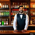 바텐더 채용 면접 질문과 답변 - A professional Indian bartender in his late 20s wearing a crisp white shirt with a black vest and bo...
