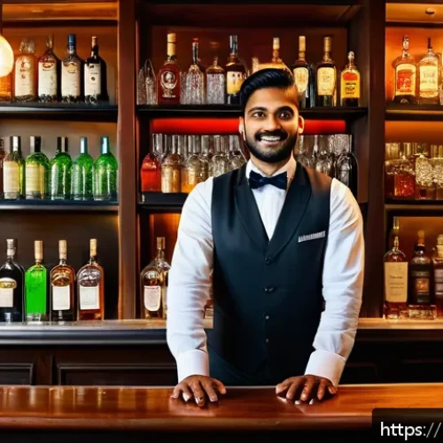 바텐더 채용 면접 질문과 답변 - A professional Indian bartender in his late 20s wearing a crisp white shirt with a black vest and bo...