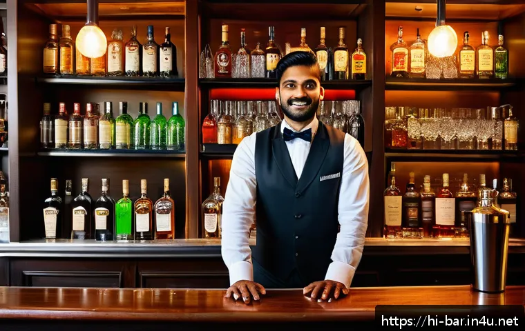 바텐더 채용 면접 질문과 답변 - A professional Indian bartender in his late 20s wearing a crisp white shirt with a black vest and bo...