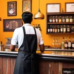 바텐더 직무별 연봉 차이 - A skilled bartender working at a small local caf&eacute; in India, wearing neat casual attire with an apron...