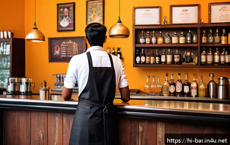 바텐더 직무별 연봉 차이 - A skilled bartender working at a small local café in India, wearing neat casual attire with an apron...