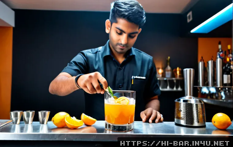 Home 17 바텐더로서의 자기계발 전략 - Photorealistic young Indian bartender practicing advanced cocktail techniques behind a polished mode...