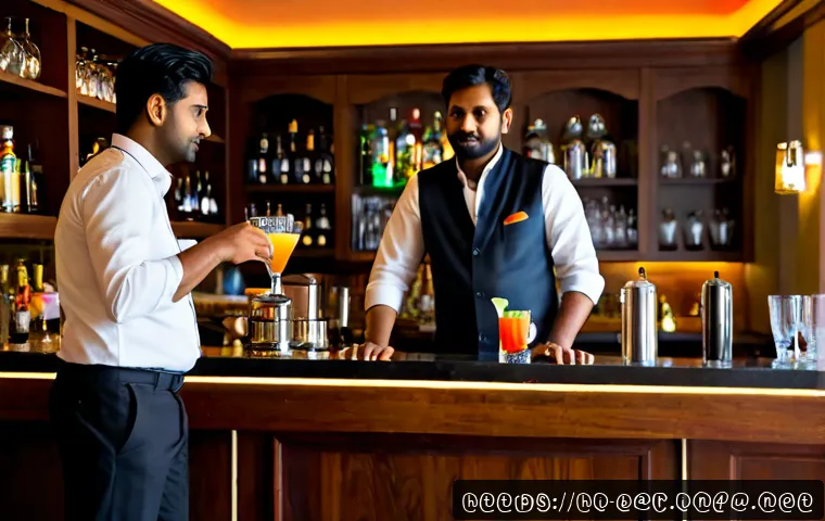 Home 17 바텐더 팀워크와 의사소통 스킬 - Photorealistic upscale hotel bar in India, two Indian bartenders coordinating during a busy evening ...